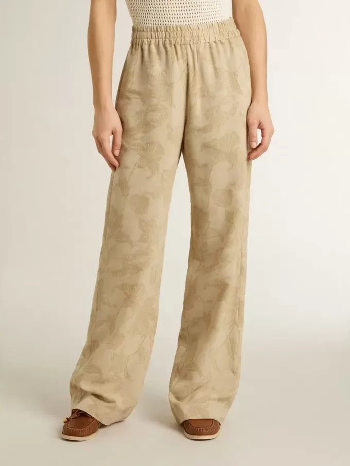 Pantalones de pijama para mujer en jacquard beige con estampado floral Pantalones de pijama para mujer en jacquard beige con estampado floral