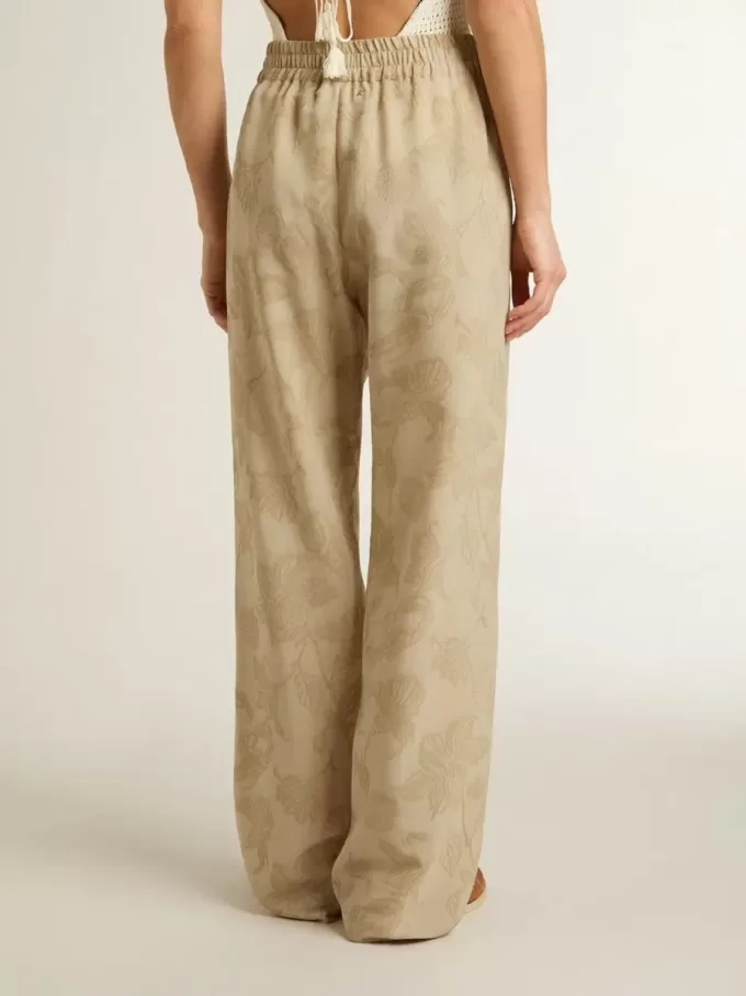 Pantalones de pijama para mujer en jacquard beige con estampado floral Pantalones de pijama para mujer en jacquard beige con estampado floral