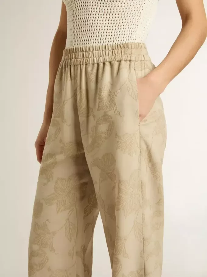 Pantalones de pijama para mujer en jacquard beige con estampado floral Pantalones de pijama para mujer en jacquard beige con estampado floral