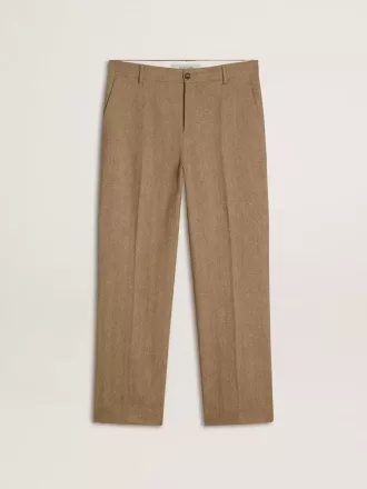 Pantalones de sastrería en mezcla de lino con estampado chevron color arena