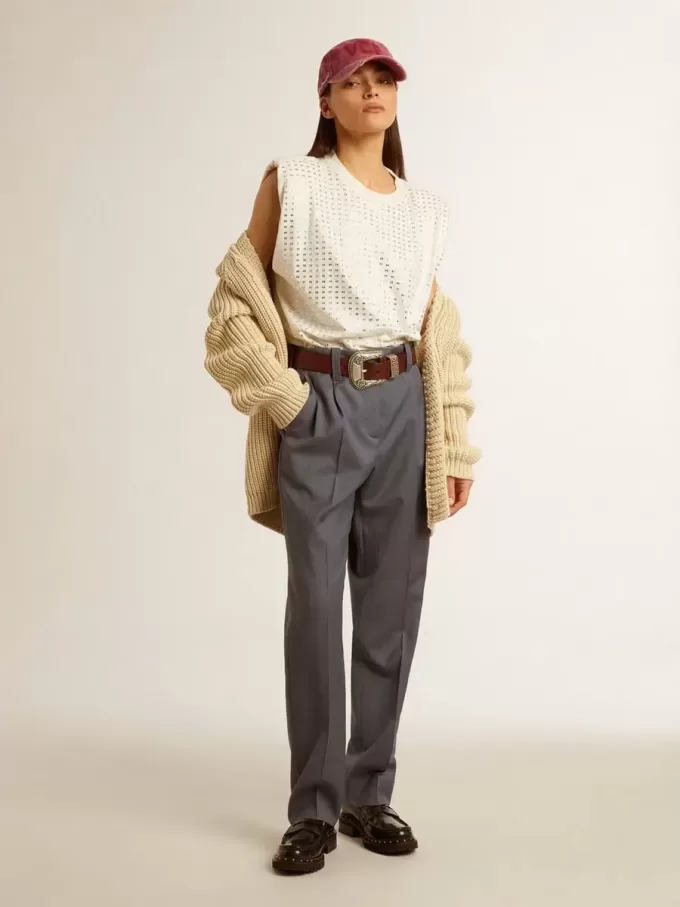 Pantalones holgados de mujer en lana azul celeste Pantalones holgados de mujer en lana azul celeste