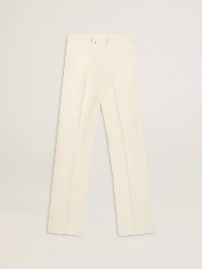 Pantalones holgados de mujer en tejido sastre blanco desgastado Pantalones holgados de mujer en tejido sastre blanco desgastado
