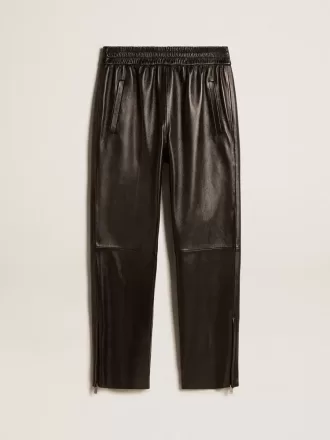 Pantalones joggers negros de piel napa con cremallera en la base