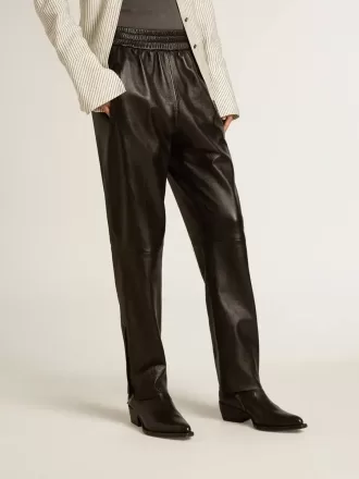 Pantalones joggers negros de piel napa con cremallera en la base