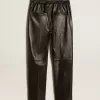 Pantalones joggers negros de piel napa con cremallera en la base Pantalones joggers negros de piel napa con cremallera en la base