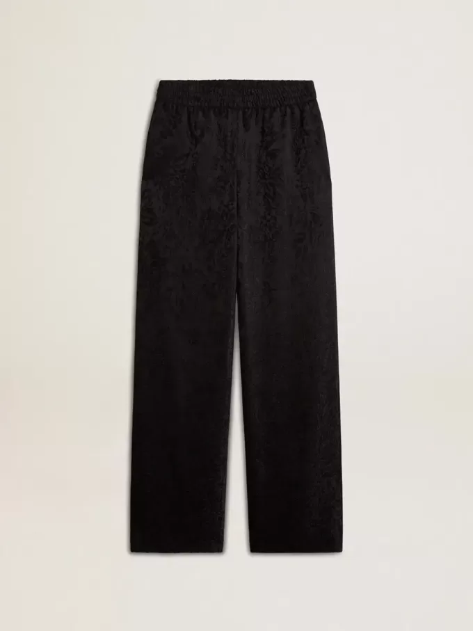 Pantalones joggers negros para mujer con estampado toile de jouy tono sobre tono Pantalones joggers negros para mujer con estampado toile de jouy tono sobre tono