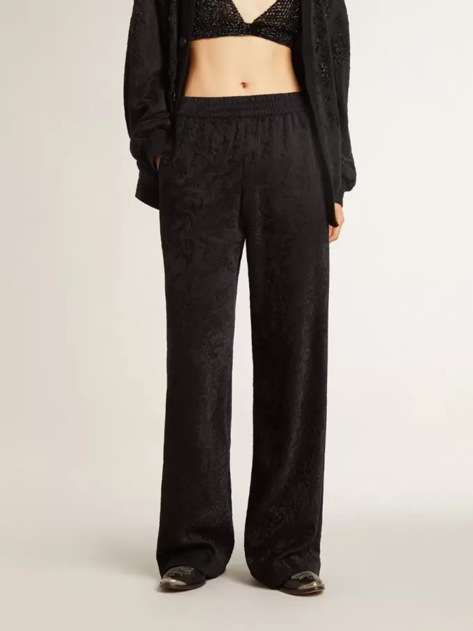 Pantalones joggers negros para mujer con estampado toile de jouy tono sobre tono Pantalones joggers negros para mujer con estampado toile de jouy tono sobre tono