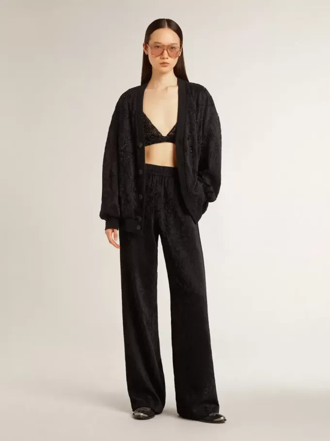Pantalones joggers negros para mujer con estampado toile de jouy tono sobre tono Pantalones joggers negros para mujer con estampado toile de jouy tono sobre tono