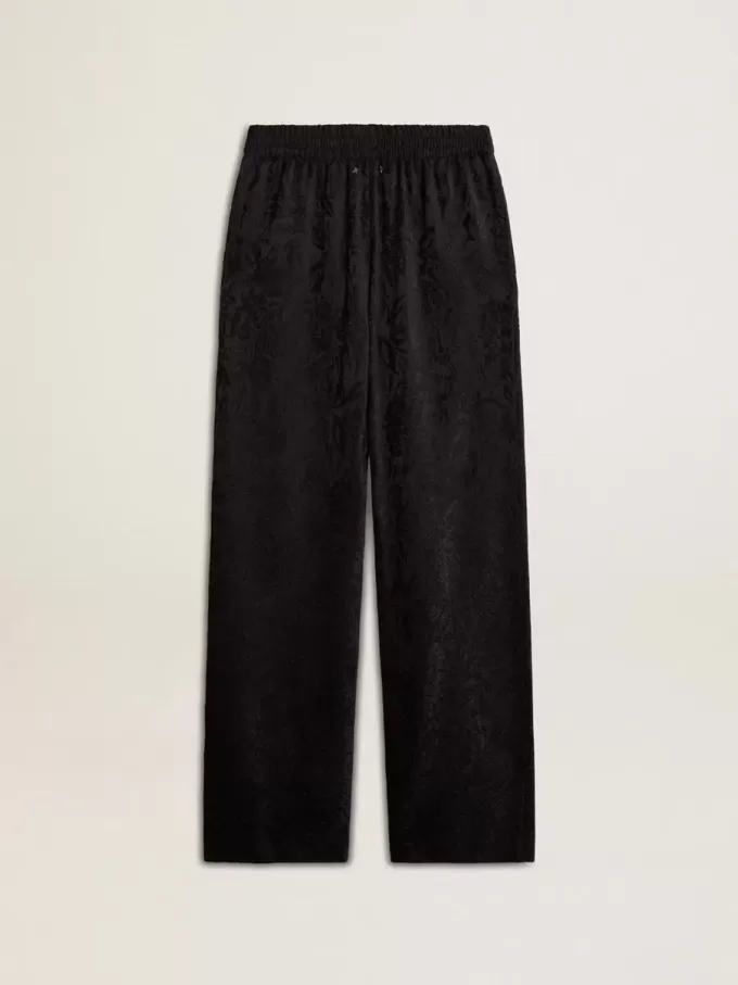 Pantalones joggers negros para mujer con estampado toile de jouy tono sobre tono Pantalones joggers negros para mujer con estampado toile de jouy tono sobre tono