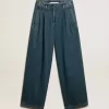 Pantalones plisados de algodón azul para mujer Pantalones plisados de algodón azul para mujer