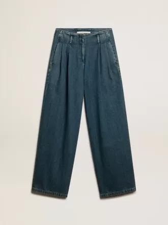 Pantalones plisados de algodón azul para mujer Pantalones plisados de algodón azul para mujer