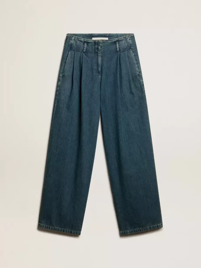 Pantalones plisados de algodón azul para mujer Pantalones plisados de algodón azul para mujer