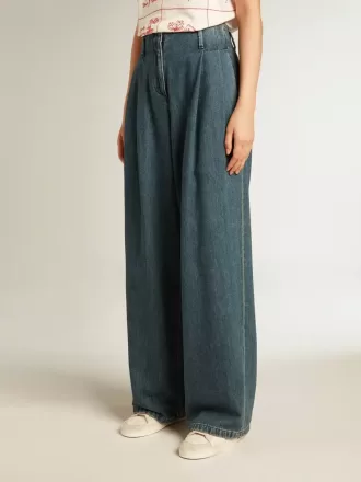 Pantalones plisados de algodón azul para mujer Pantalones plisados de algodón azul para mujer