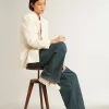 Pantalones plisados de algodón azul para mujer Pantalones plisados de algodón azul para mujer
