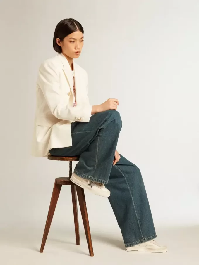 Pantalones plisados de algodón azul para mujer Pantalones plisados de algodón azul para mujer