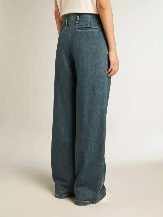 Pantalones plisados de algodón azul para mujer Pantalones plisados de algodón azul para mujer