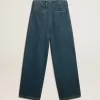 Pantalones plisados de algodón azul para mujer Pantalones plisados de algodón azul para mujer
