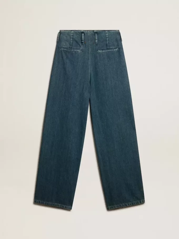 Pantalones plisados de algodón azul para mujer Pantalones plisados de algodón azul para mujer