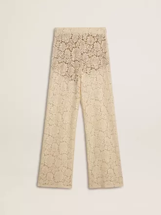 Pantalones transparentes de encaje color crema para mujer