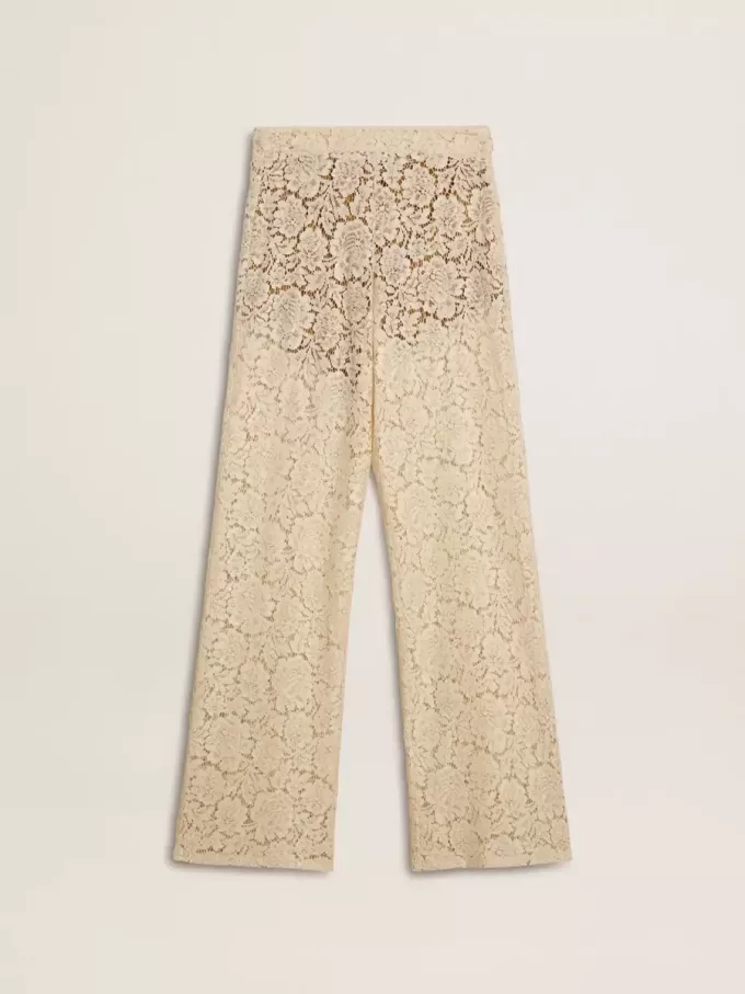 Pantalones transparentes de encaje color crema para mujer Pantalones transparentes de encaje color crema para mujer