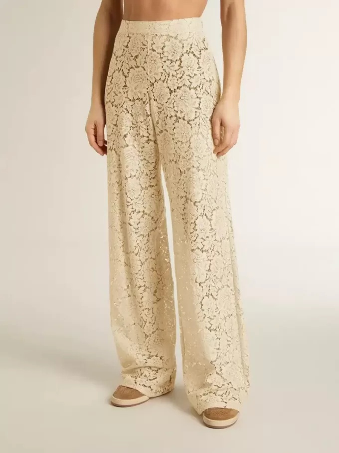 Pantalones transparentes de encaje color crema para mujer Pantalones transparentes de encaje color crema para mujer