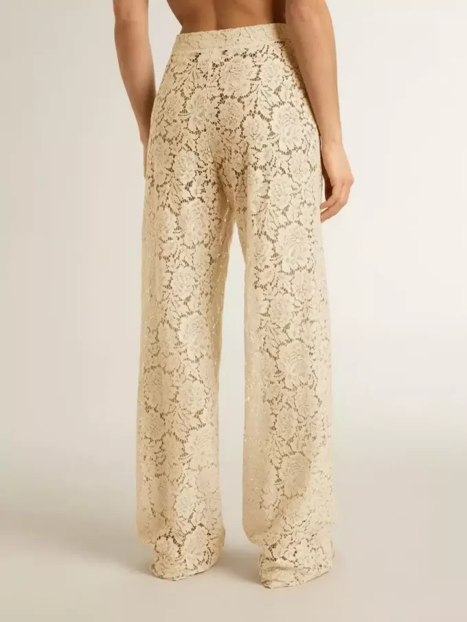 Pantalones transparentes de encaje color crema para mujer Pantalones transparentes de encaje color crema para mujer