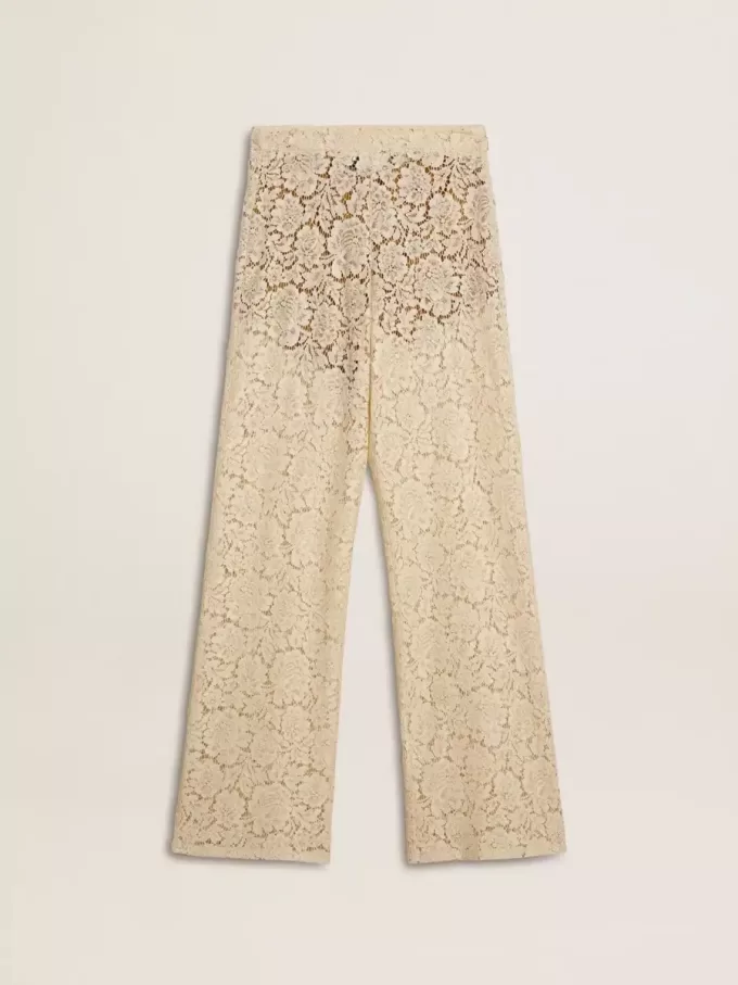 Pantalones transparentes de encaje color crema para mujer Pantalones transparentes de encaje color crema para mujer