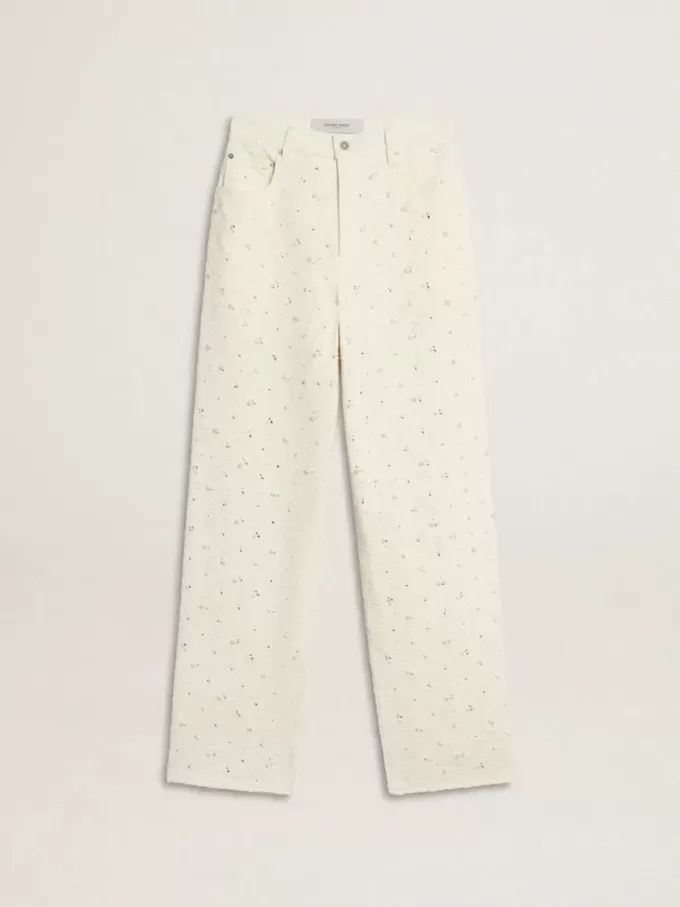 Pantalones vaqueros blancos de mujer con abalorios y cristales Pantalones vaqueros blancos de mujer con abalorios y cristales