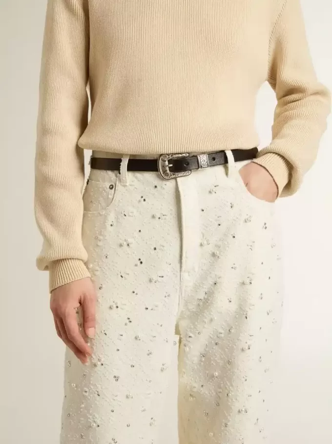 Pantalones vaqueros blancos de mujer con abalorios y cristales Pantalones vaqueros blancos de mujer con abalorios y cristales