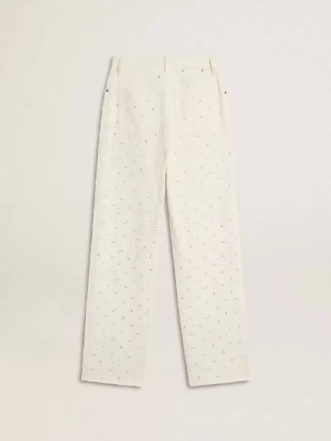 Pantalones vaqueros blancos de mujer con abalorios y cristales Pantalones vaqueros blancos de mujer con abalorios y cristales