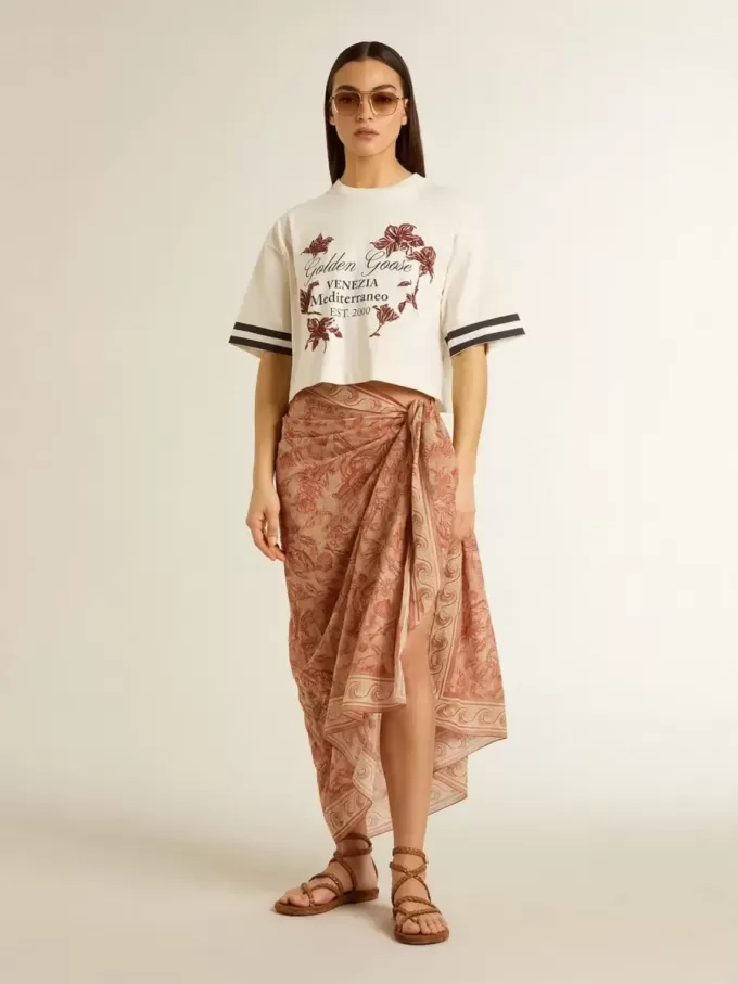 Pareo de voile de algodón con estampado integral en blanco y rojo ladrillo Pareo de voile de algodón con estampado integral en blanco y rojo ladrillo