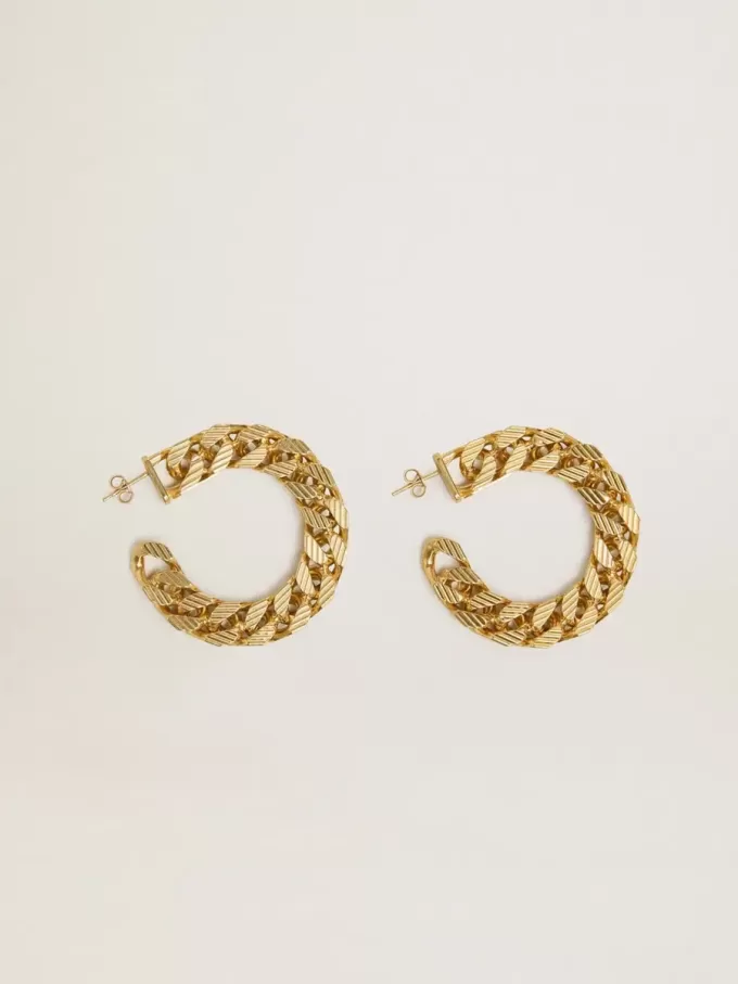 Pendientes de aro con cadena y eslabones trenzados en color oro antiguo Pendientes de aro con cadena y eslabones trenzados en color oro antiguo