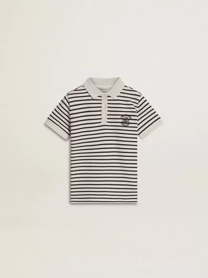 Polo blanco de algodón para niño con rayas azul marino y bordado