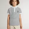 Polo blanco de algodón para niño con rayas azul marino y bordado