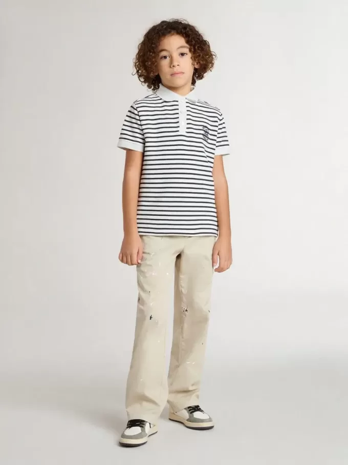 Polo blanco de algodón para niño con rayas azul marino y bordado