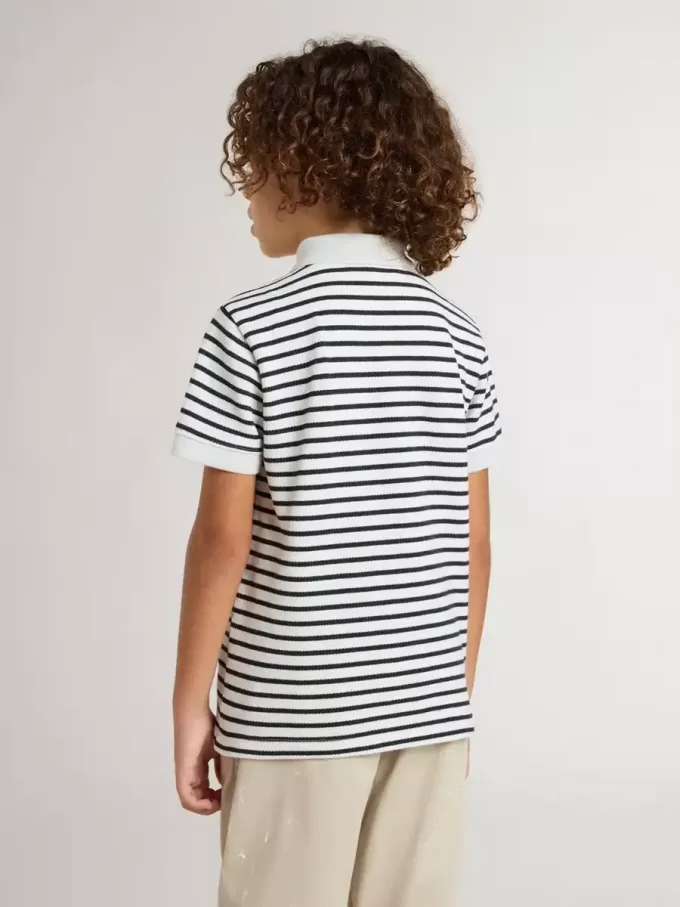 Polo blanco de algodón para niño con rayas azul marino y bordado