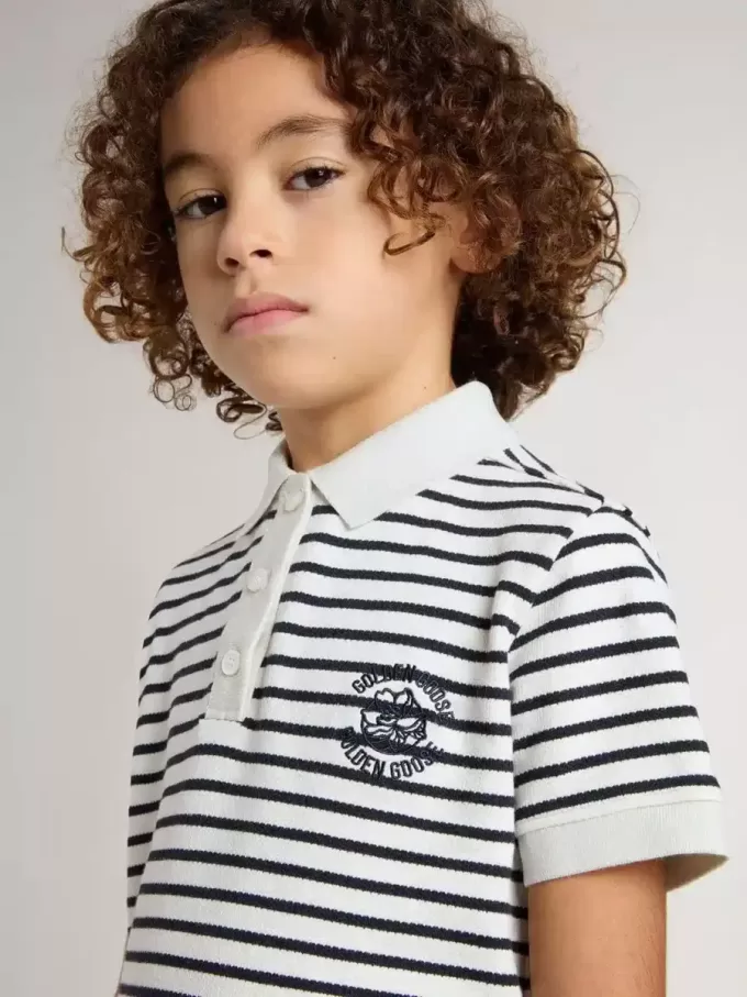 Polo blanco de algodón para niño con rayas azul marino y bordado