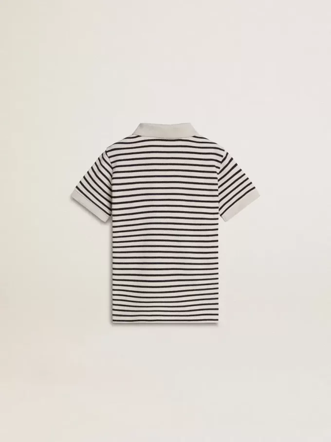 Polo blanco de algodón para niño con rayas azul marino y bordado