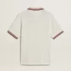Polo de hombre en punto perforado blanco con detalles de rayas burdeos