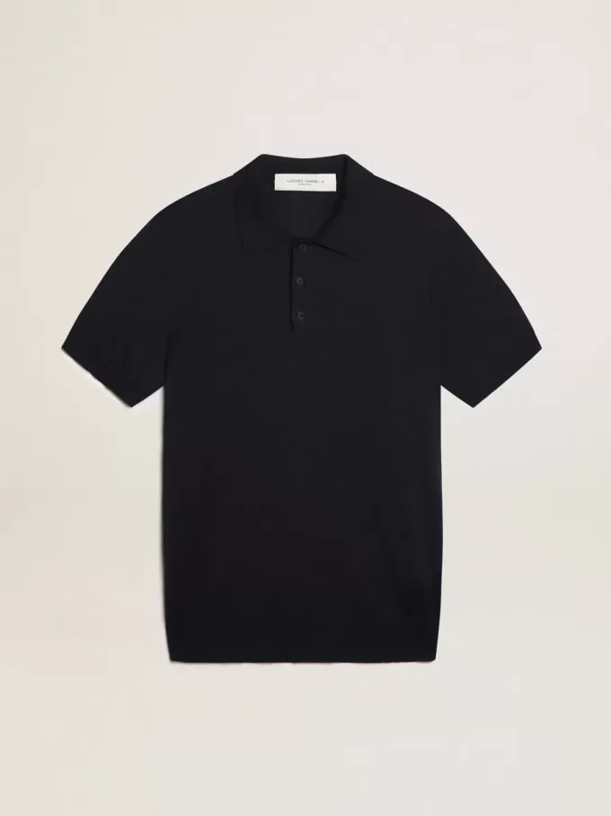Polo de manga corta para hombre en lana merino azul marino Polo de manga corta para hombre en lana merino azul marino