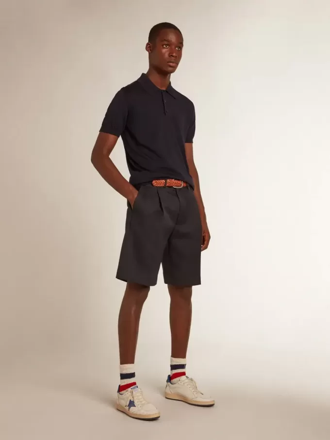 Polo de manga corta para hombre en lana merino azul marino Polo de manga corta para hombre en lana merino azul marino