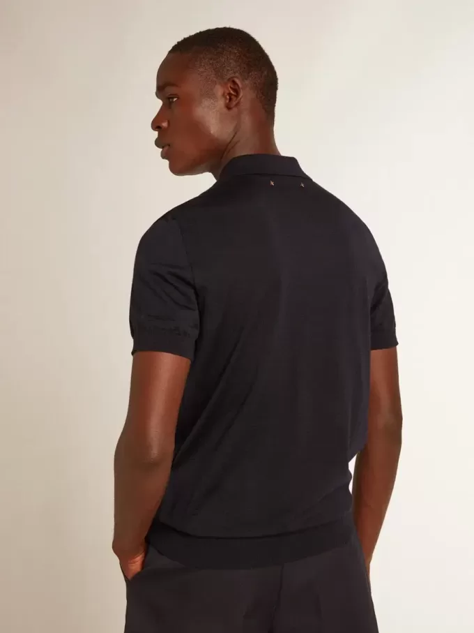 Polo de manga corta para hombre en lana merino azul marino Polo de manga corta para hombre en lana merino azul marino