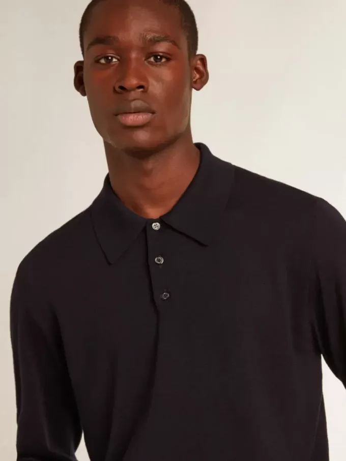 Polo de manga larga para hombre en lana merino azul marino Polo de manga larga para hombre en lana merino azul marino