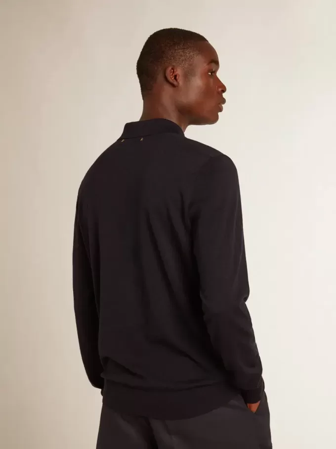 Polo de manga larga para hombre en lana merino azul marino Polo de manga larga para hombre en lana merino azul marino