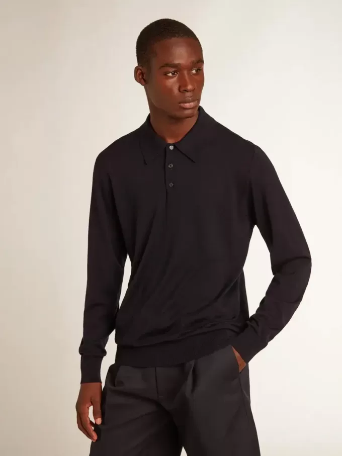 Polo de manga larga para hombre en lana merino azul marino Polo de manga larga para hombre en lana merino azul marino