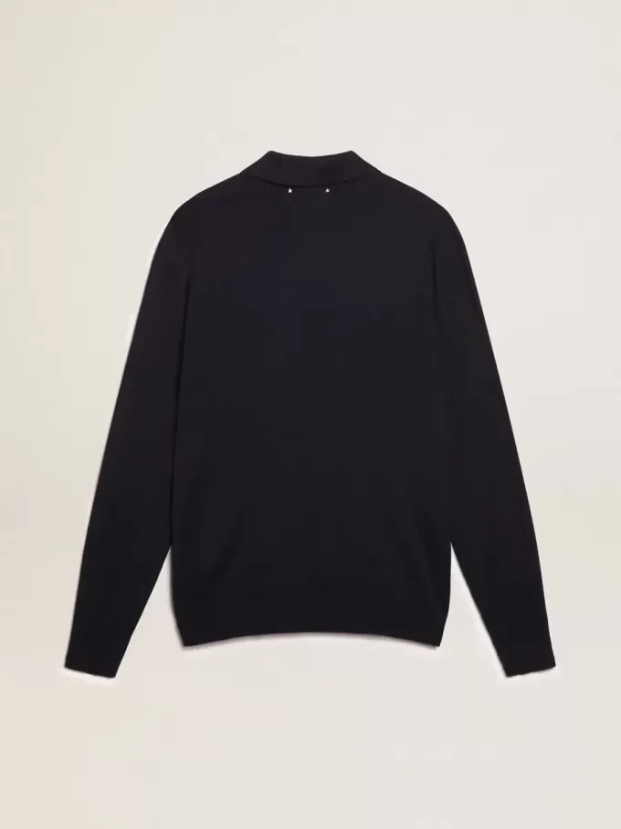 Polo de manga larga para hombre en lana merino azul marino Polo de manga larga para hombre en lana merino azul marino