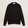 Polo de manga larga para hombre en lana merino negra Polo de manga larga para hombre en lana merino negra