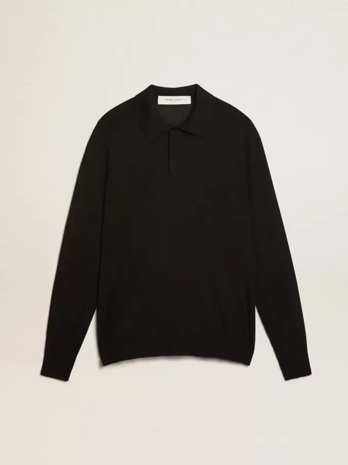 Polo de manga larga para hombre en lana merino negra Polo de manga larga para hombre en lana merino negra