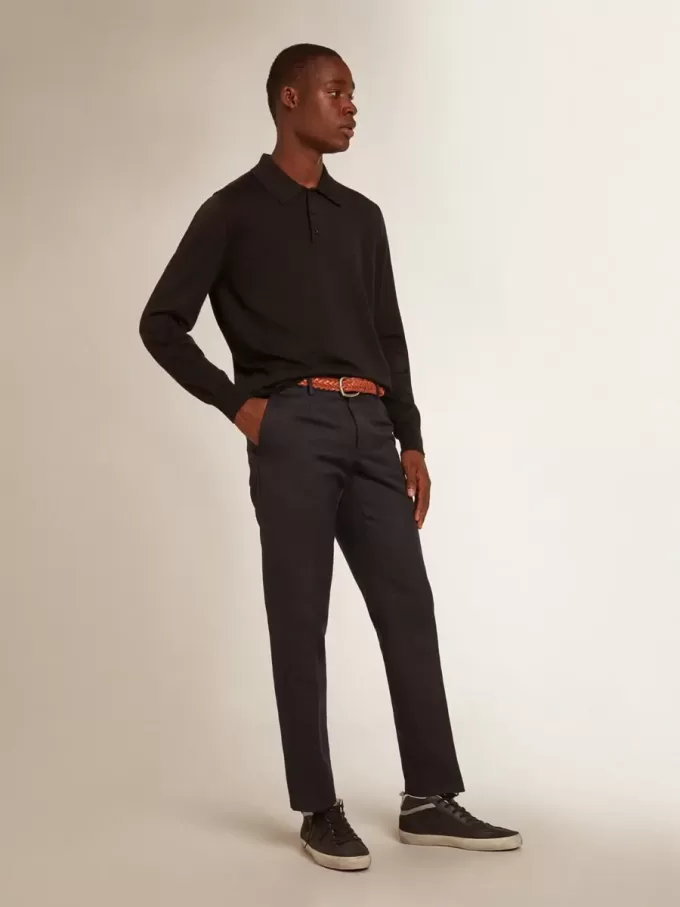 Polo de manga larga para hombre en lana merino negra Polo de manga larga para hombre en lana merino negra