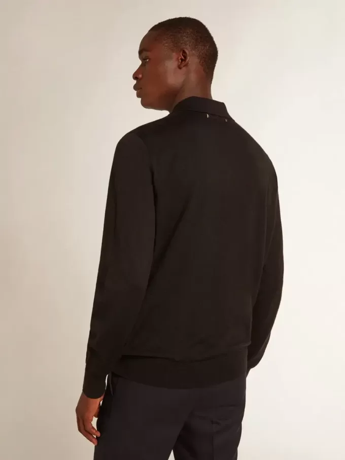 Polo de manga larga para hombre en lana merino negra Polo de manga larga para hombre en lana merino negra